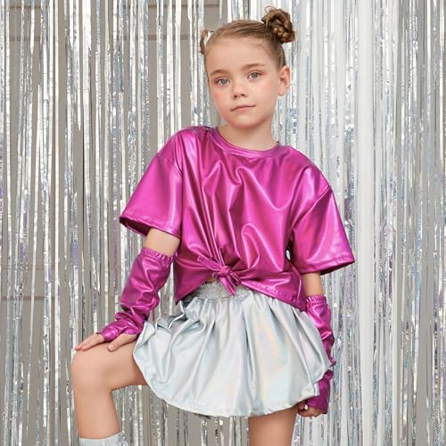 Image of Perfashion Girls Metallic Shirts Shiny Tie Front Knot Crop Top with Arm Sleeves for Dancing Raves Festivals 4-15 Years