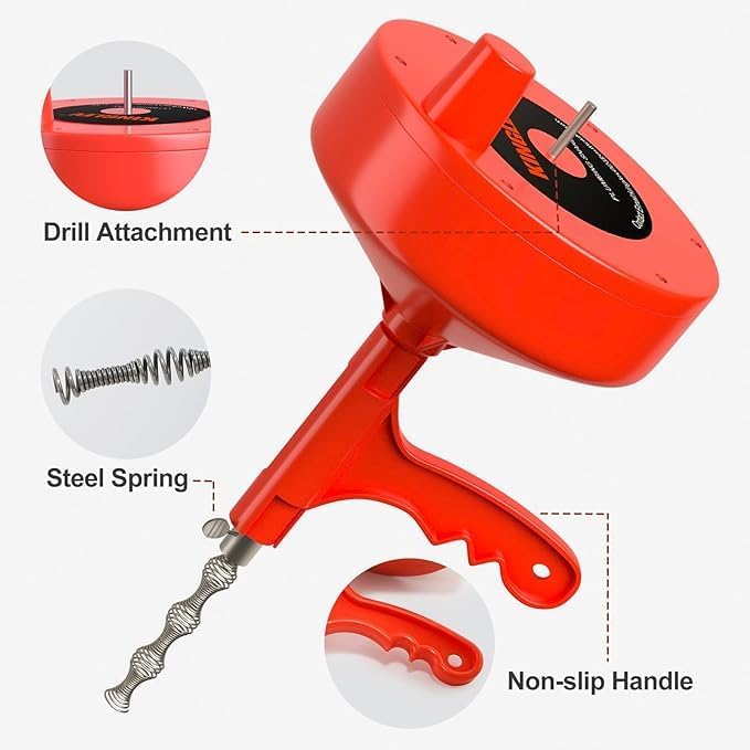 Generic Drain snake, Pipe snake with drill adapter, heavy-duty flexible sink drum auger and drain hydrolytic lock snake, Red