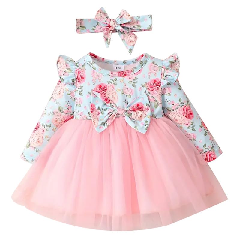 Image of Niren Enterprise Long Sleeve Printed Flower Belted Round Neck Baby Girl Frock with Knee-Length and A-Line Style