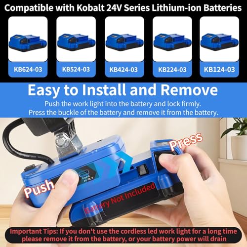 Image of Cordless LED Work Light Compatible with Kobalt 24V Battery, 90W 7000LM Battery Powered Flood Light with USB & Type-C, Low Voltage Protection for Garage Outdoor Job Site Lighting (Tool Only)