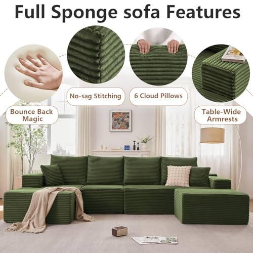 Image of 135.4 inchModular Sectional Sofa, Boneless Couch U-Shaped Sofa for Living Room | Cloud Couch Sectional with Ottoman, 4 Seater Deep Seat Memory Foam Compressed Sofa, No Assembly, Left-Facing Chaise, Green