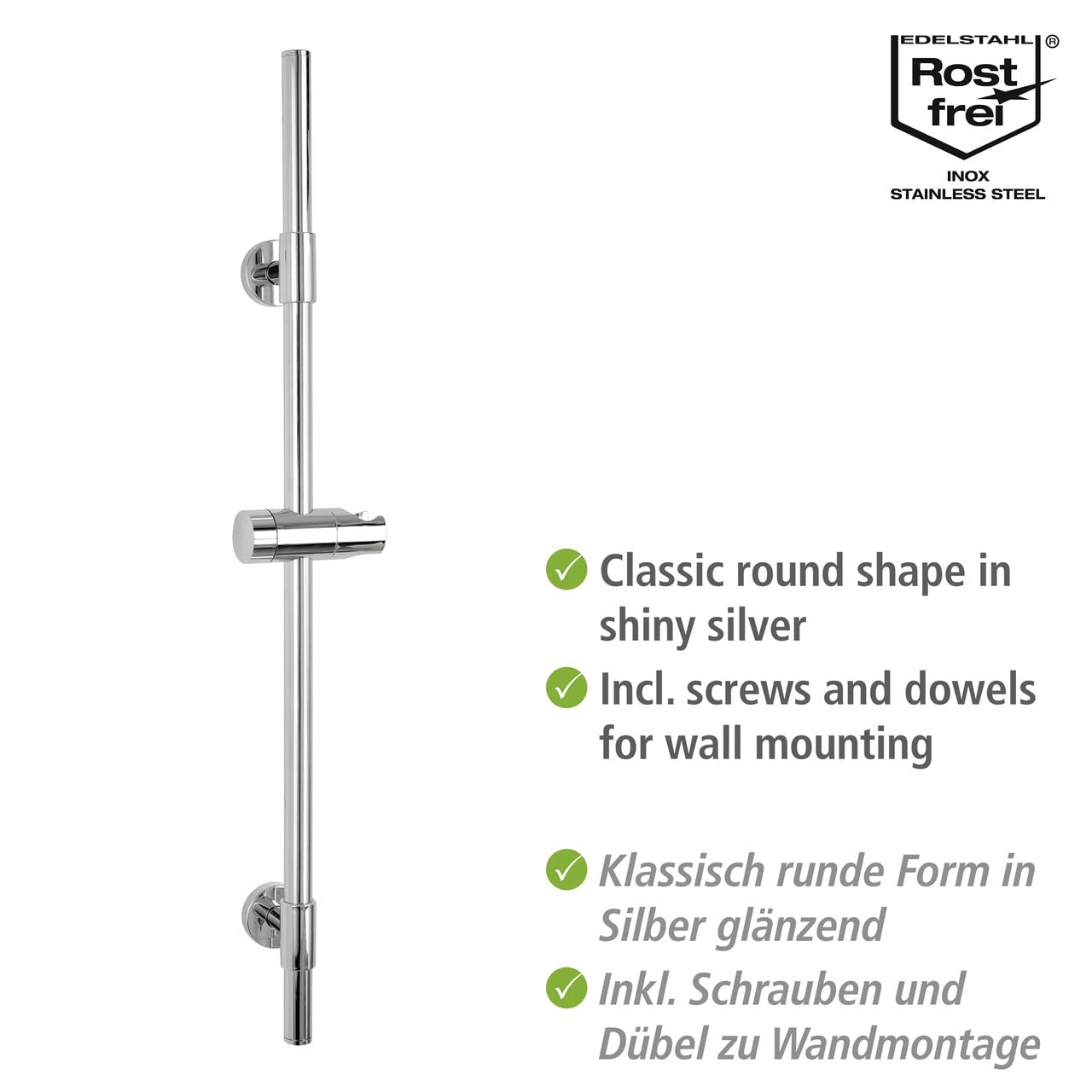 Barra De Ducha Basic De WENKO – Acero Inoxidable Negro, 66 Cm, Con Soporte Móvil Para Cabezal De Ducha