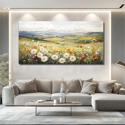FUHAIHUA Large Framed Wall Decor For Living Room Canvas Wall Art For Office Farmhouse Wall Decorations For Bedroom Prairie Flowers Landscape Paintings Modern Pictures Artwork Home Decor 24" x 48"