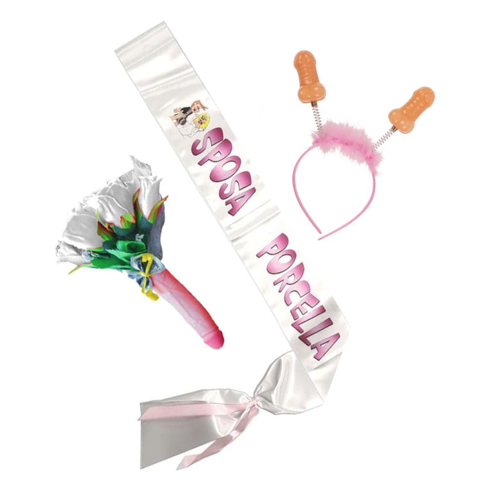 Fascia per festa di addio al nubilato della sposa con scritta umoristica SPOSA PORCELLA + cerchietto con antenne piselli + bouquet di fiori gadget per adulti 18+