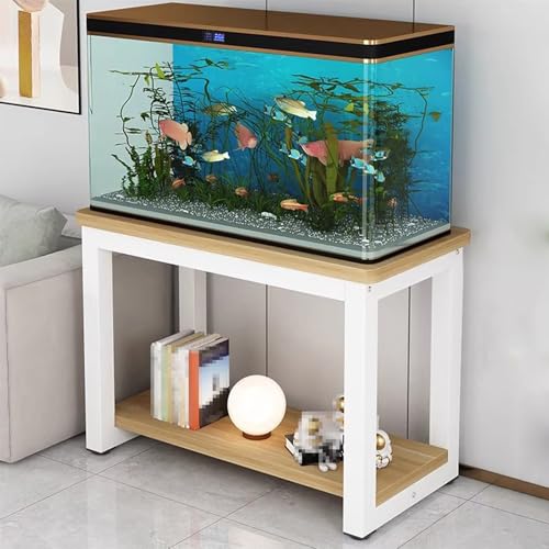 Soporte para Peceras, Mueble para Acuarios y Terrarios de Reptiles de Dos Niveles, con Estante de Almacenamiento Abierto, para Salón Oficina(White+Natural,60x45x50cm)