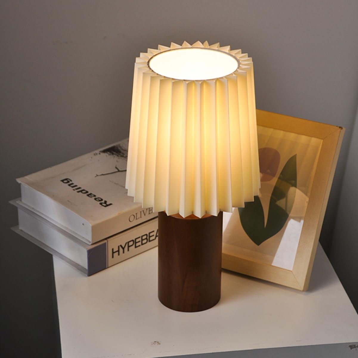 Pleated Aesthetic Desk Lamp with Wood Base Powered Nightstand Light for Bedrooms Compact Bedside Table Lamp Warm Glow for Home Hotel Use