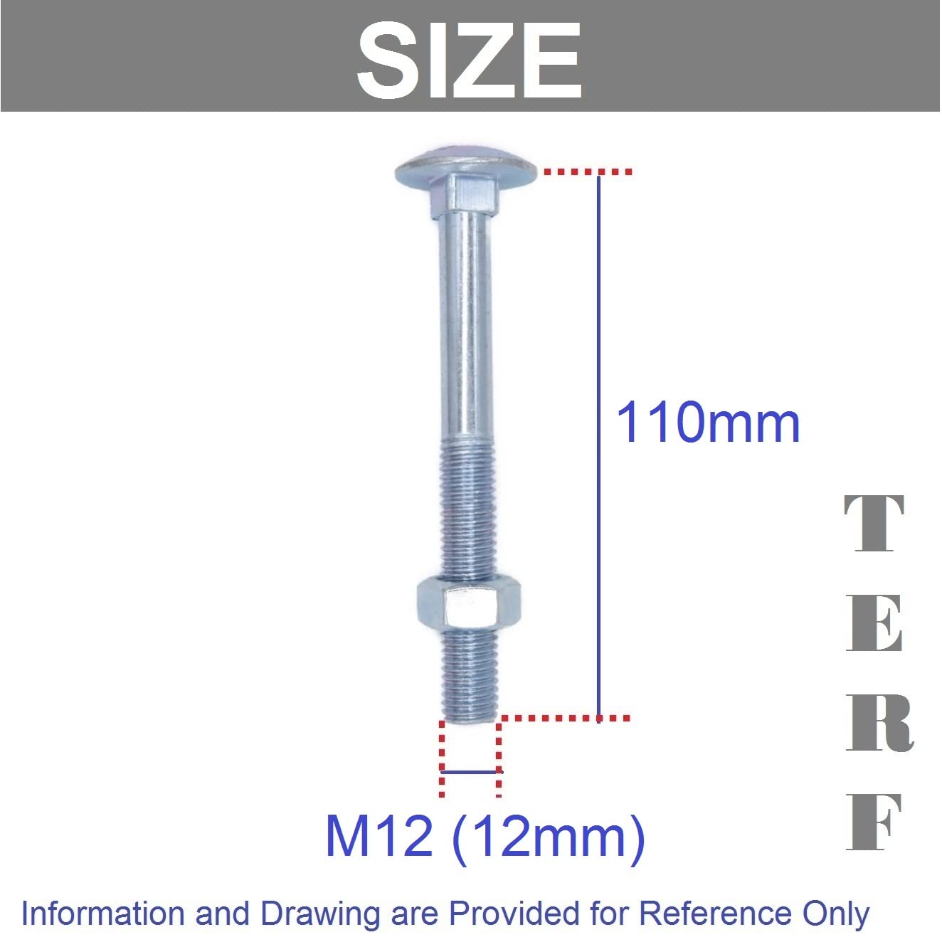 TERF® M12 X 110mm Cup Square Carriage Bolt and Nut M12 (12mm) X 110mm Coach Bolts with Hexagon Nuts - Pack of 4 - Image 3