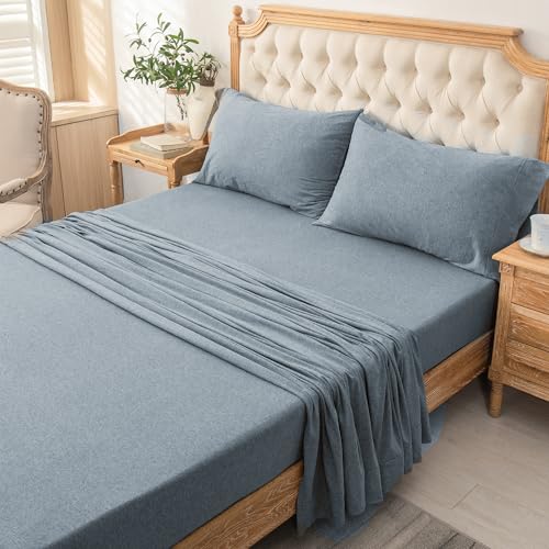 PURE ERA Jersey Knit 4pc Bed Sheet Set 100% T-Shirt Cotton Super Soft Comfy Breathable Fits Mattress Up to 20" Extra Deep Pocket (Heather Blueish Grey, Queen)