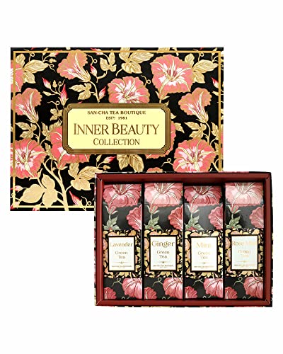 Image of SAN-CHA Tea Boutique Inner Beauty Gift Tea Box, Finest Green Teas (Rose, Mint, Ginger & Lavender Green Tea), 200G Loose Leaf Green Tea, Gift Hamper For Family & Friends, 200 Gram