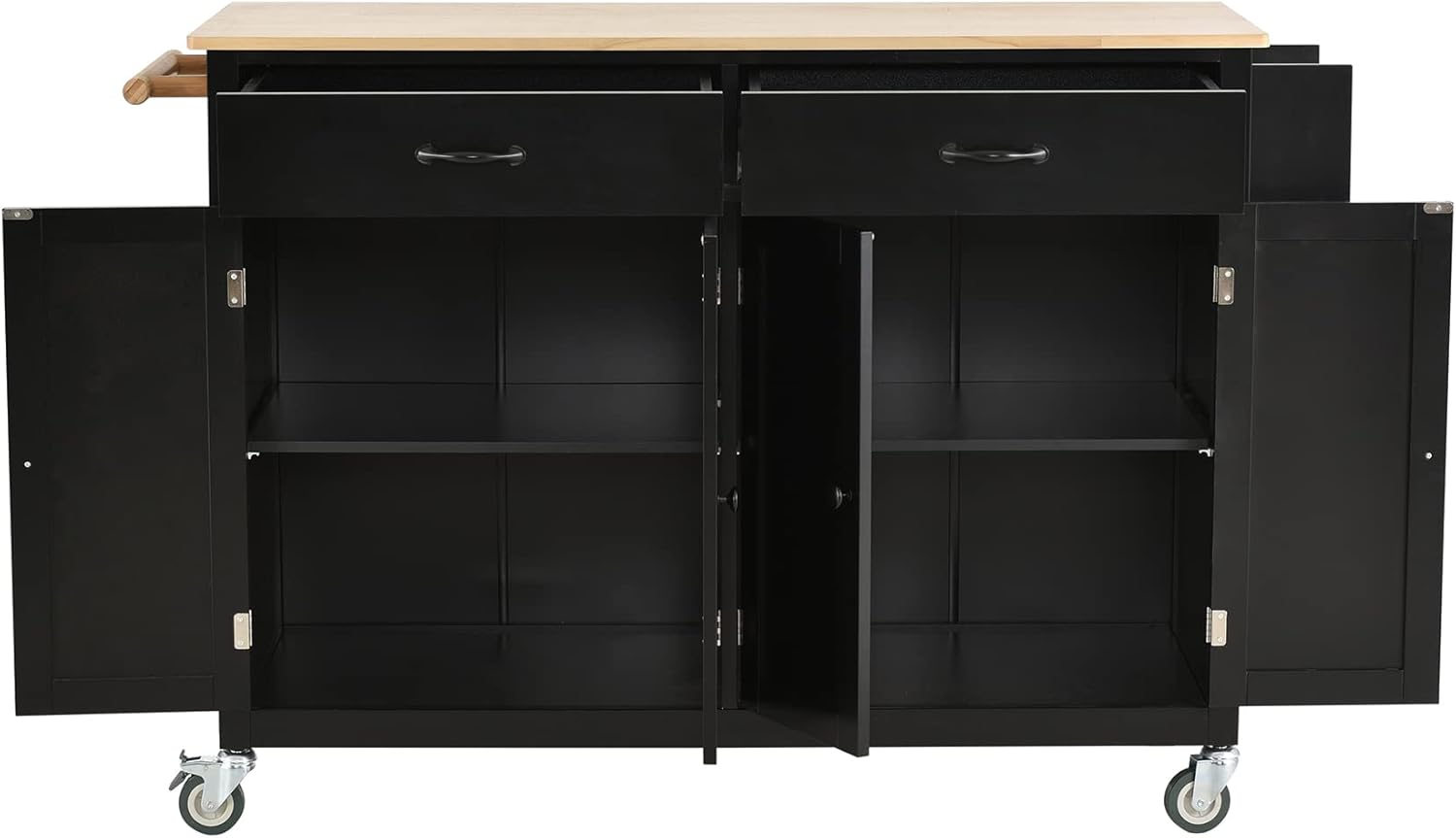 P PURLOVE Wood Kitchen Island Cart with Locking Wheels,Rolling Utility Cart with 2 Drawer and 4 Door Cabinet Storage Shelf Spice Rack and Towel Rack