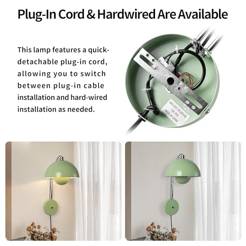 Image of Mid-Century Modern Bud Plug in Wall Sconces for Bedroom, Pastel Green | Indirect lighting reading wall lamp, all-metal construction, plug-in or hardwired install, fits bedroom bedside, living room