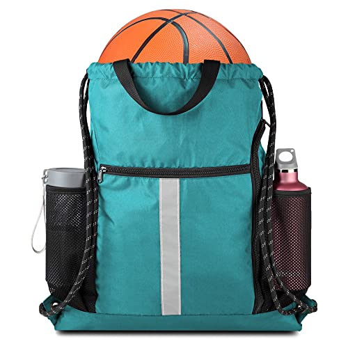 Image of BeeGreen Teal String Backpack Bag Cinch Sack with Shoe Compartment and Two Zipper Pockets and Two Side Mesh Pockets Lightweight Large Drawstring Gym Sackpack for Men and Women