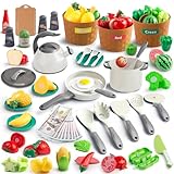 Picture of 90Pcs Kitchen Playset Accessories, Pretend Cooking with Pots, Pans, Cookware, Food, Fruit, Veges, Color Sorting Baskets, Prop Money, Learning Gift for Girls Boys Toddlers (White)