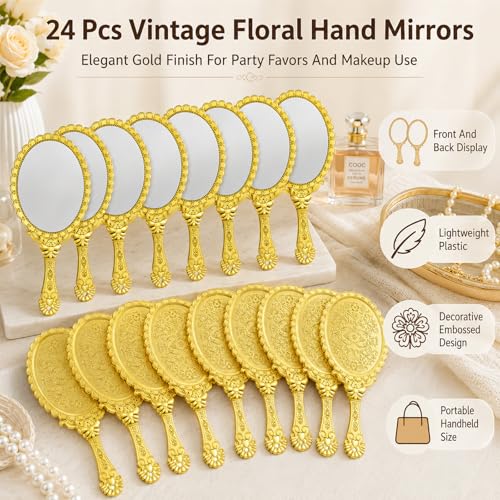 Meyeyaia 24 Pcs Vintage Handheld Mirror, Small Gold Vintage Handheld Mirror, Oval Embossed Flower Portable Princess Mirrors for Women Girls Princess Party Favors Travel Vanity Grooming & Gifts by Meyeyaia - Used condition - Image 8