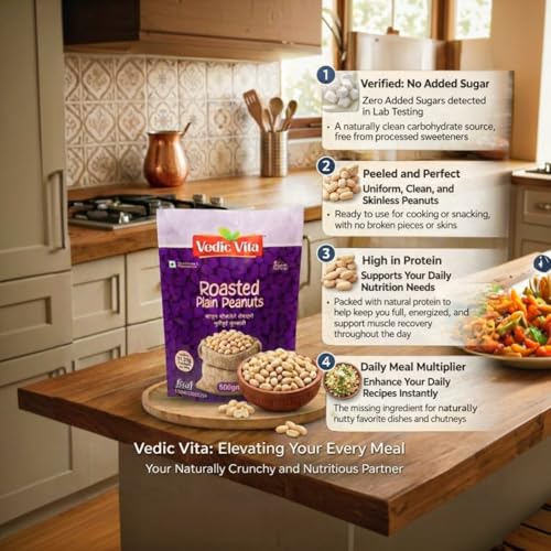 Image of VEDIC VITA Roasted Peanuts - 500 GM | Unsalted Skinless Peanuts | 31.37g High Protein | Ready to Cook & Eat | Natural, Crunchy, Nutritious Whole Peanuts for Poha, Chutney & Snacks
