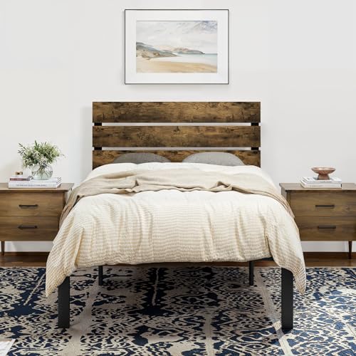 SHA CERLIN Twin Size Bed Frame with Rustic Wooden Headboard,3 Boards Design, Heavy Duty Metal Slats Support Platform, No Box Spring Needed, Dark Brown