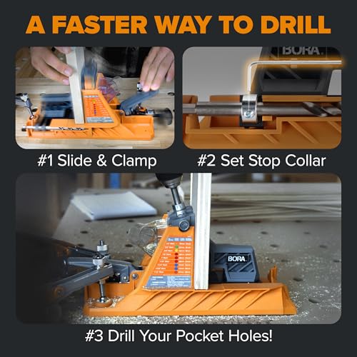 Image of BORA Automatic Pocket Hole Jig with 50 Color-Coated Screws, Auto Adjusting Drill Guide, Pocket Hole Jig Kit for Woodworking - For Materials 1 /2 inch to 1 1 /2 inch Thick, Power Tool Accessory Jigs