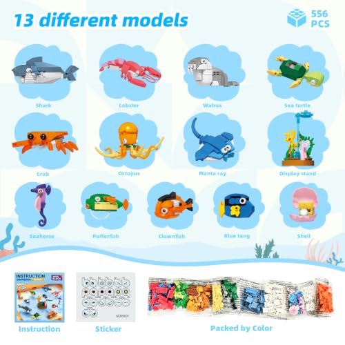 Image of Wise Block 556 PCS Ocean World Building Set,12 Packs Sea Animals Building Toy with Display Stand, STEM Educational Learning Toy, Birthday Gift for Boys Girls Ages 4+, Beach Toy with Shark & Turtle
