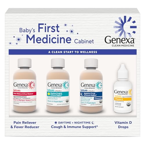 Image of Genexa Baby’s First Medicine Cabinet, 4-Pack Gift Set – Infant Pain Relief & Fever Reducer, Organic Baby Cough Syrup and Vitamin D 400 IU, Dye-Free Baby Health Essentials for Infants & Toddlers