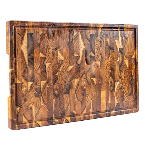 Erreke Tabla de Cortar en Madera de Teca End Grain 58x38x3.2cm, Tabla Madera Cocina Grande con Patas Antideslizantes, Servir y Picar Carne Barbacoa Queso Pan, Alta Durabilidad (ranura para jugos)
