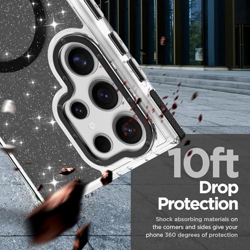 Image of Magnetic Case for Samsung Galaxy S23 Ultra [Compatible with Magsafe] [Bling Glitter Fluorescent Design] [1 Screen Protector] Slim Translucent Matte Case for Galaxy S23 Ultra 6.8 inch, Black