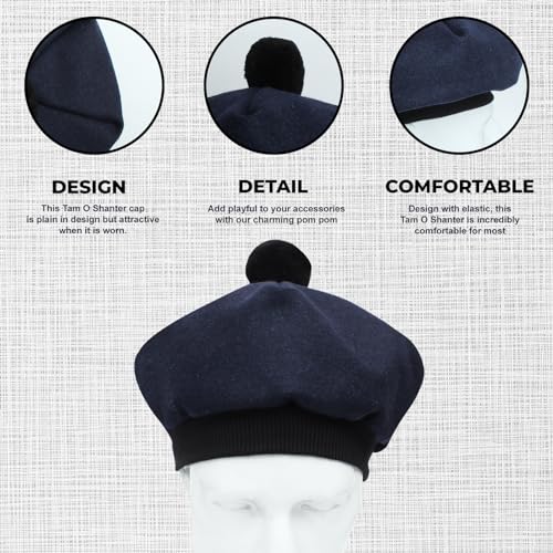 Image of Scottish Tam O' Shanter Hat Tartan Bonnet Pom Pom Wool Flat Cap One Size