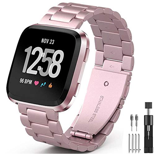 PUGO TOP Strap Compatible for Fitbit Versa, Special Edition Stainless Steel Wristbands Metal Watch Strap Replacement Bracelet for Fitbit Versa Lite Edition or Fitbit Versa 2-Rose Pink
