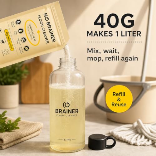 Image of No Brainer Floor Cleaner Refill, Plant-Based & Natural | Powder-to-Liquid, 1 Pouch Makes 1 Litre, Citrus | For Marble, Tiles & Wooden Floors | Eco-Friendly, No Residue, Baby & Pet Safe