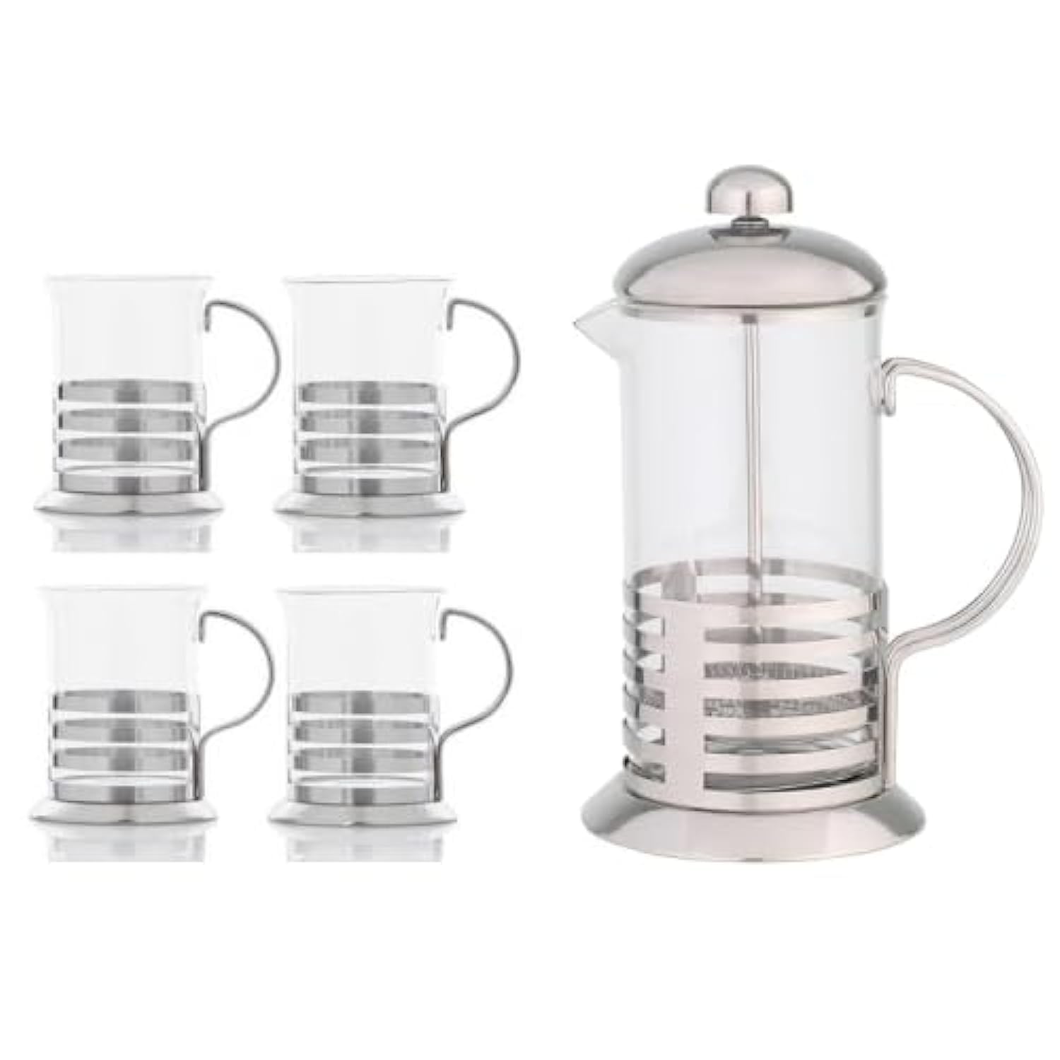 ECVV Coffee Plunger French Press Coffee and Tea Maker 600ml with 4 Cups 200ml, Borosilicate Glass Coffee Press, Stainless Steel Filter, Durable and Heat Resistant, Silver|600ml + 4x200ml|