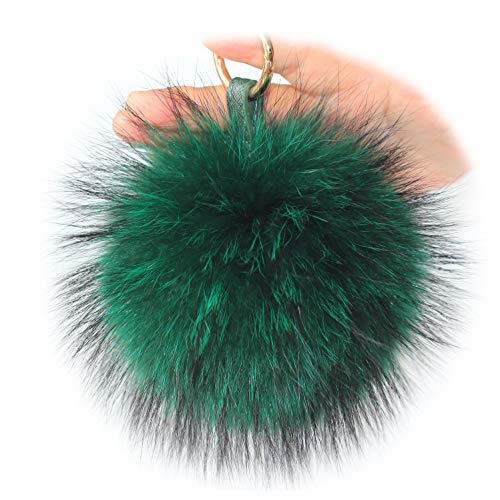 Fosrion - Llavero con pompón de Piel de Mapache y Zorro - Verde -