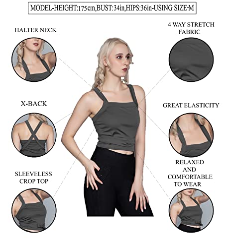 Image of A1728 Women's Basic Solid X Halter Neck V Back Front Tie Knot Crop Top for Women Stylish Western