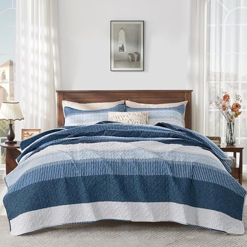 Image of Andency Navy Blue Striped Quilt Set Cal King(104x112Inch), 3 Pieces (1 Quilt and 2 Pillowcases) Patchwork Bedspread Coverlet Set, Soft Lightweight Quilted Bedding Set