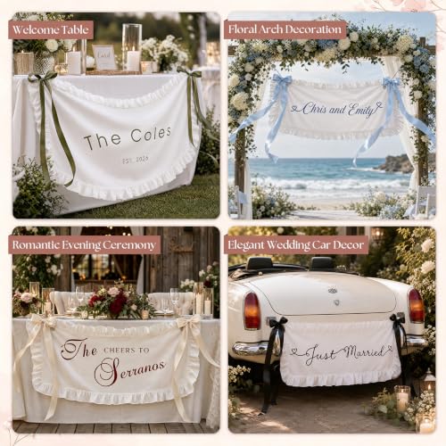 Image of Custom Wedding Last Name Banner with Ruffle Edge and Ribbon Bows, Personalized Family Name Sign, Wedding Welcome Banner for Ceremony Entrance, Reception Decor, Bridal Shower, Engagement Party