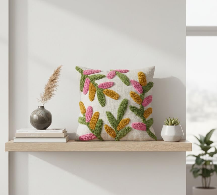 Image of Furnistitchs Premium Decorative Throw Cushion Pillow Cover Boho Home Decor - Living Room Bedroom Couch Sofa Cushion Covers 16 inch x 16 inch (2, Green Leaves)