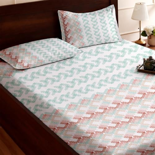 Image of Raymond Bedsheet 100% Cotton Feel Bedsheets 200 TC for Double Bed King Size (108 x108 Inch) with 2 Large Size Pillow Covers | Soft and Breathable | Wrinkle-Free | Premium Printed Design Rose Leaf