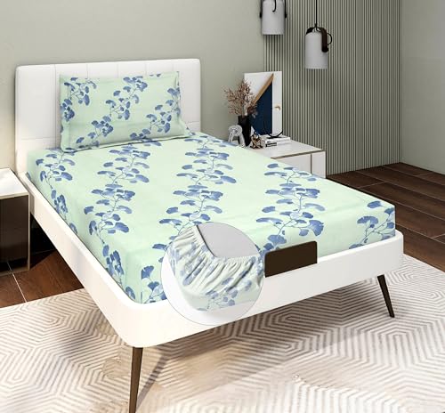 Image of RD TREND Presents Luxurious Glace Cotton Super Soft 210 TC 360 Elastic Fitted Bedsheets Single Bed Size (72 x 48 x 8 Inch) with 1 Pillow Cover Size (28 x18), Color- Lite Green, Floral