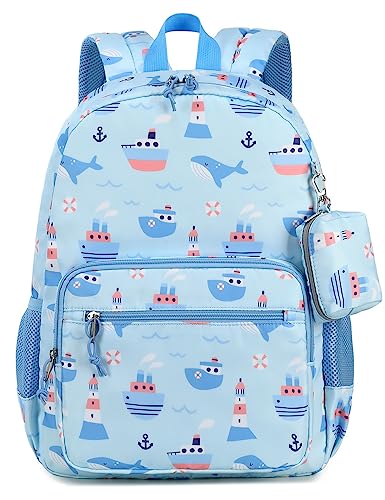 mygreen Toddler Backpack for School Boys Girls, Kids Medium School Bag 15 inch Cute Marine Baby Pattern-Steamship Whale and Lighthouse Light Blue