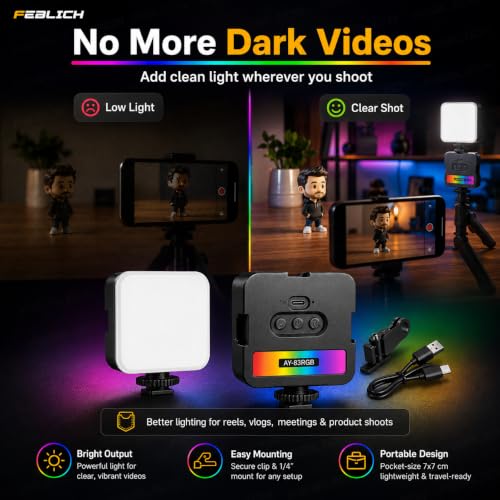 Image of Portable LED Pocket Video RGB Studio Light for Video Shooting, Meeting, Photography, Selfie, Laptop, Tablet, Phone Lighting Dimmable & Rechargeable Type C with Clip