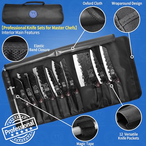 XYJ Professional Kitchen Knife Set with High-Carbon Steel Forged Blades, Chef's Knife, Cleaver, Carving Knife, Nakiri, Full Tang Design, Includes Carrying Bag & Poultry Scissors - Image 3