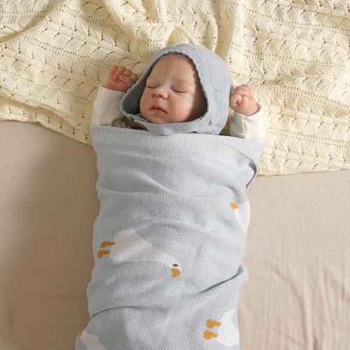 Image of mimixiong Baby Blanket Knit Receiving Boys Girls Blanket Soft Cotton Neutral Blanke for Swaddle Crib Stroller with Cute Sheep (Goose-Light Blue, 30x40 Inch (Pack of 1))