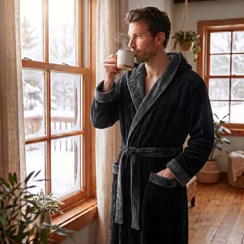 Image of U2SKIIN Mens Hooded Robe, Plush Robes for Men Long Fleece Bathrobe