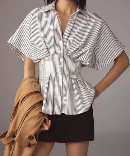 Casual Striped Button Down Shirts for Women Lapel V Neck Pleated Short Sleeve Blouse Peplum Tops Business Work Tops2