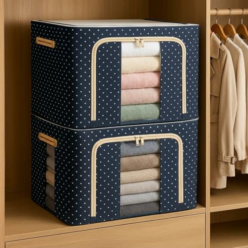 Image of Miele 2 Pcs 66 Liters Foldable Steel Frame Cloth Organizer for Storage /Wardrobe Organizer for Storage /almirah organiser for Sarees /Shirts /Blankets /Clothes Storage Box with Handle