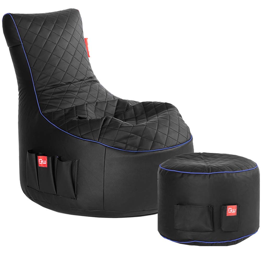 Gamewarez Arctic Hurricane 2.0 Bundle – Set aus Gaming-Hocker und Gaming-Sitzsack, mit Seitentasche & Headset-Halter, Kunstleder, Made in Germany, schwarz-blau