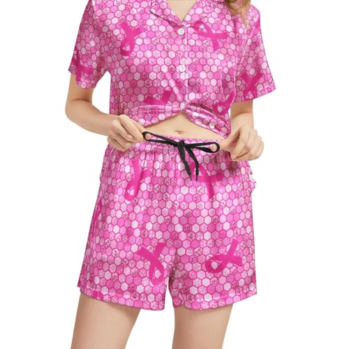 Image of Funny Pajamas for Women Set Print Satin Loungewear Pjs Short Sleeve Button Down Top and Shorts Sets Sleepwear XS-3XL
