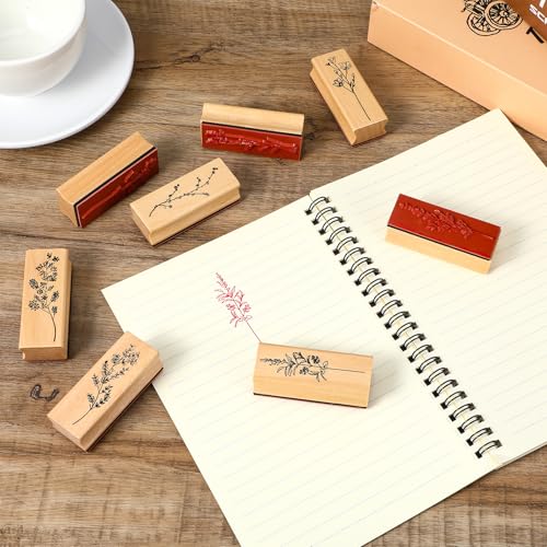 Molain Flower and Plant Shape Wooden Rubber Stamps, 8Pcs Vintage Mounted Stamps 2.6x1x0.8 Inch Decorative Rubber Stamps for DIY Crafting, Scrapbook, Painting, Letters Diary, Teaching and Card Making
