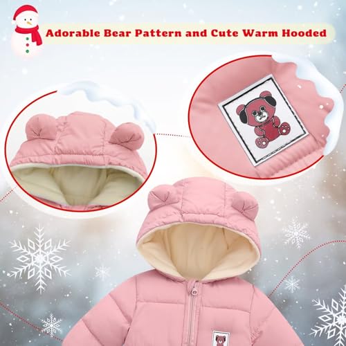 BYFRI Baby Girls Winter Clothes Snowsuit 0-3-6 Months Infant Bear Hooded Jumpsuit Newborn Coat Toddler Cozy Bodysuit for Girl Snow Outerwear