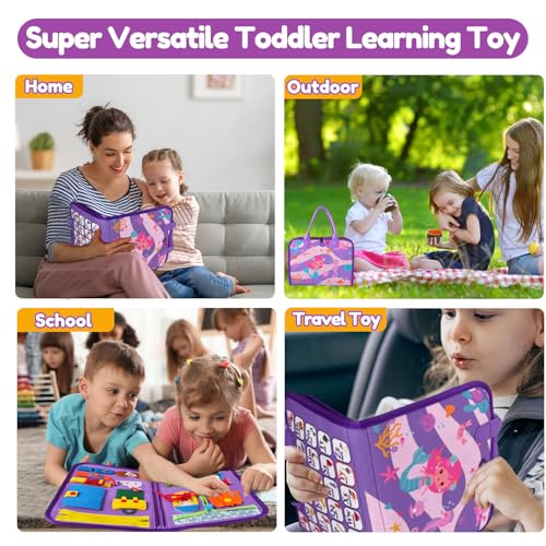 Image of Qizfun Montessori Busy Board Book for Toddlers, Mermaid Sensory Learning Toy for Girls, Educational Fine Motor Skills Toy, Travel Busy Board for Car & Airplane