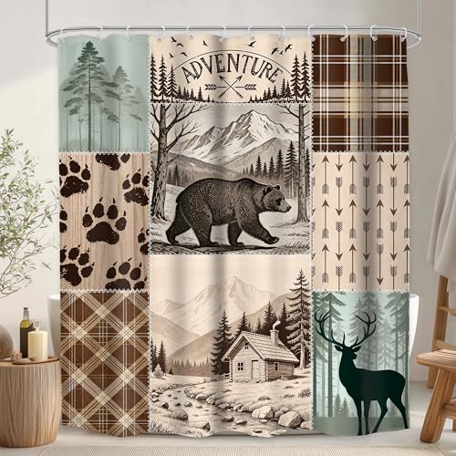 LGhtyro Cabin Retro Rustic Lodge Shower Curtain Bathroom Set 60Wx71H Inches Bear Deer Country Hunting Wild Animal Plaid Check Adventure Bath Accessories Rural Women Art Home Decor Fabric 12 Pack Hooks