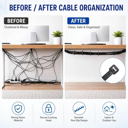 Image of Zip Ties 8 inch, 100 Pack Heavy Duty Black Zip Ties with 100 lbs Tensile Strength, Self-Locking Nylon Cable Ties,Wire Ties for indoor and outdoor use.